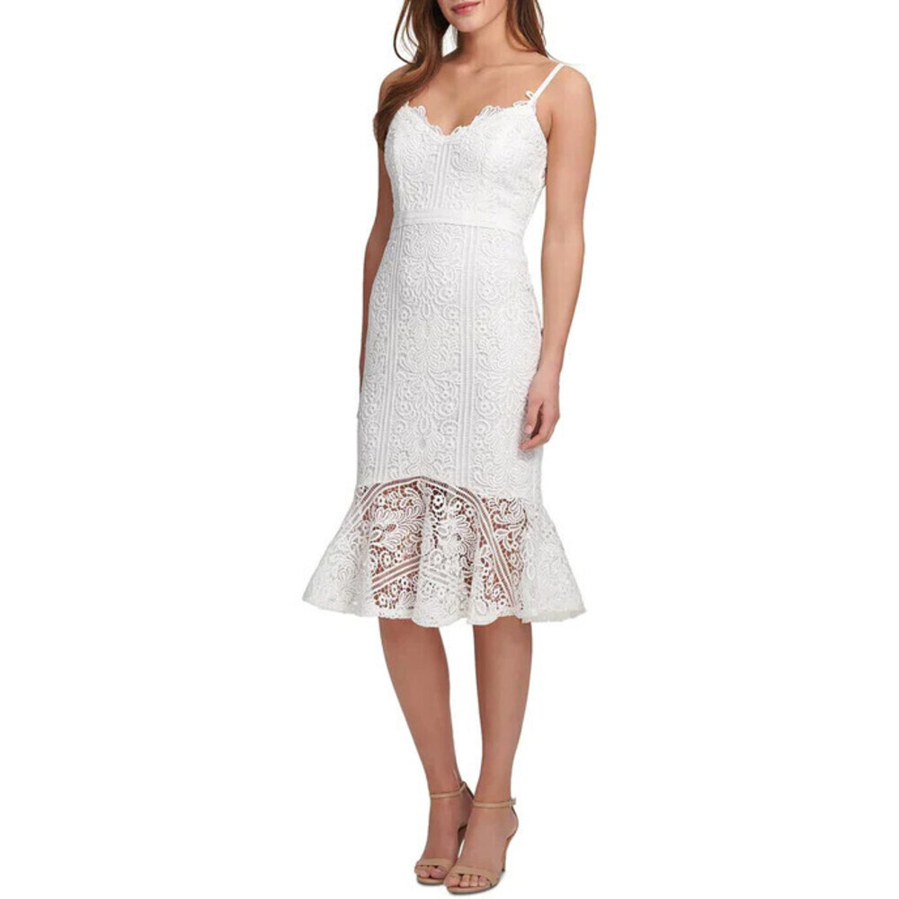 Guess V-Neck Sleeveless Flounce Hem Floral Lace Sheath Dress 260$ size 8 white